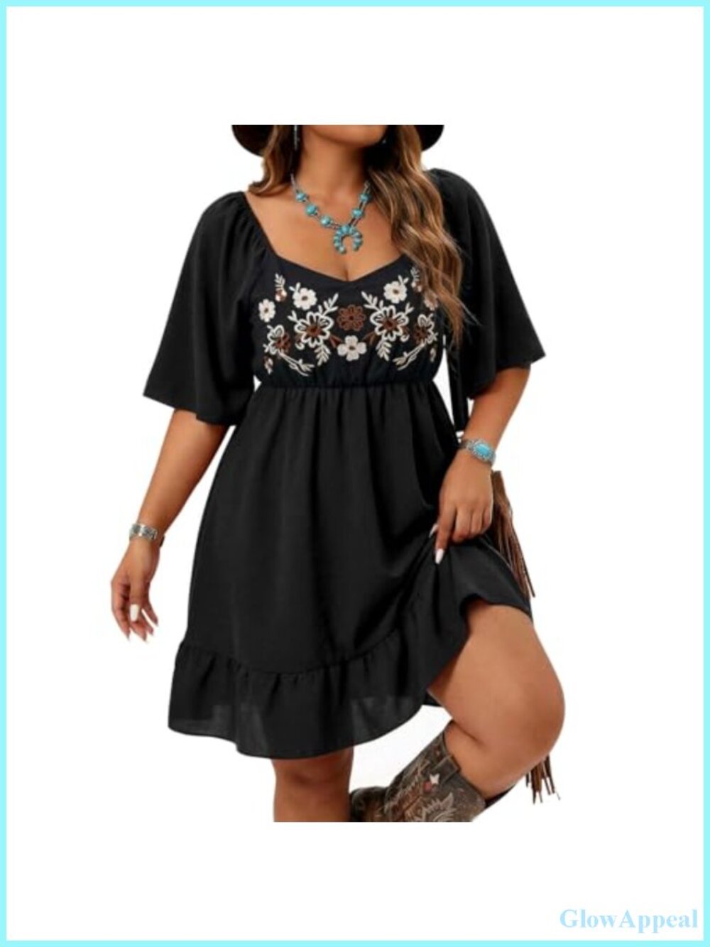 Western Flowy Boho Embroidered Dress Country Concert Cowgirl Outfit Short Sleeve